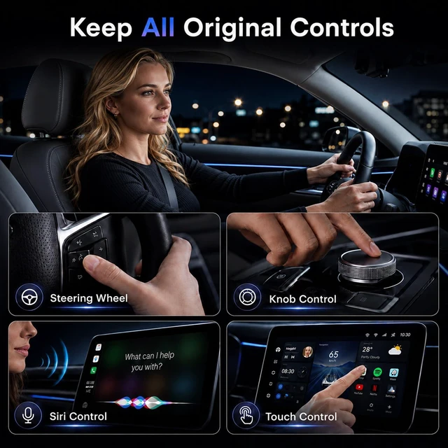 Alt view image 6 of 7 - 2026 Wireless CarPlay Adapter for iPhone, 3-in-1 Screen Mirror Car Adapter | 3-in-1 wireless upgrade with screen mirroring, 5GHz fast auto-connect, low latency, USB-A/C, for factory wired CarPlay cars