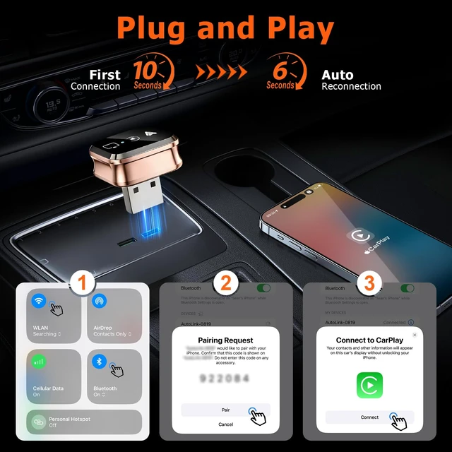 Alt view image 2 of 7 - 4-in-1 Wireless CarPlay Adapter & Android Auto Wireless Adapter, Converts Wired to Wireless CarPlay Dongle with AirPlay & Miracast Screen Mirroring, Plug and Play Carplay Adapter for iPhone & Android