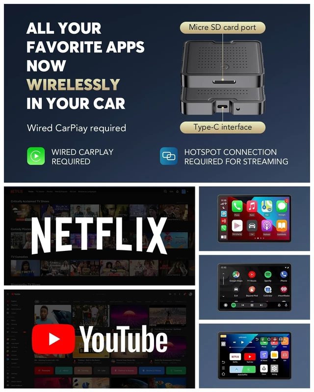 Alt view image 5 of 6 - HGLEQ 2-in-1 Wireless CarPlay Adapter for Streaming Netflix/YouTube/TikTok/TF Card, 2025 Magic Video AI Box & Android Auto Dongle, Plug & Play, Fit with iPhone 8+/iOS10+/Android 11+