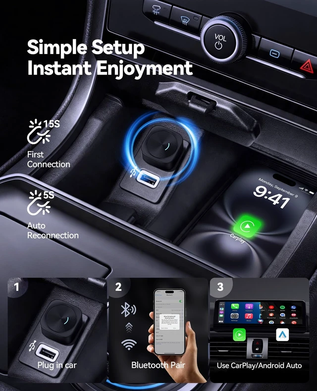 Alt view image 7 of 7 - Wireless CarPlay & Android Auto Adapter, Convert Wired to Wireless | Fast Auto Reconnect, Plug & Play for Factory Wired CarPlay Vehicles, Compatible with Most Cars 2016+, Black