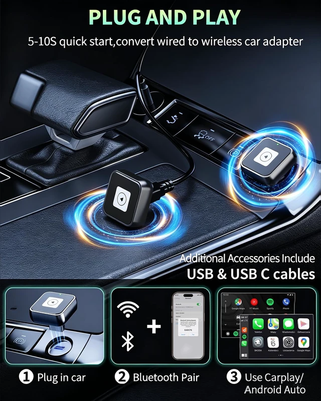 Alt view image 5 of 7 - Wireless CarPlay Adapter for Apple iPhone & Android Auto Dongle | Mini USB Bluetooth Car Adapter, Wired to Wireless, Fast Auto-Connect, Easy Setup Plug and Play for Apple CarPlay/Android