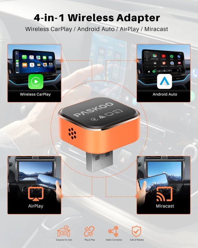 Alt view image 2 of 7 - PASKOO Wireless CarPlay Adapter for Apple iPhone & Android Phones | CarPlay Wireless with Screen Mirroring, WiFi 6 & Bluetooth 5.4,Zero Latency, Plug and Play for 1000+Vehicles with USB/USB-C