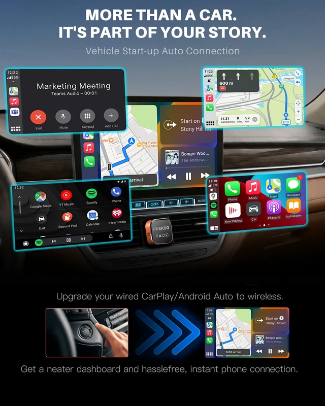 Alt view image 3 of 7 - PASKOO Wireless CarPlay Adapter for Apple iPhone & Android Phones | CarPlay Wireless with Screen Mirroring, WiFi 6 & Bluetooth 5.4,Zero Latency, Plug and Play for 1000+Vehicles with USB/USB-C