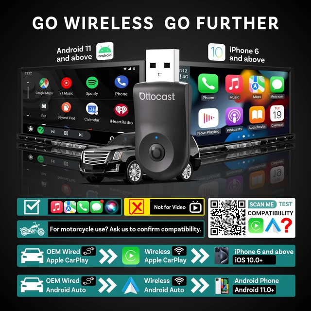 Alt view image 2 of 7 - OTTOCAST Mini Dongle Wireless CarPlay Adapter for iPhone & Android Auto Adapter 2-in-1 Convert Wired to Wireless Apple Car Play, Plug & Play, USB-C, Low Latency (2016+ Cars, iOS 10+/Android 11+)