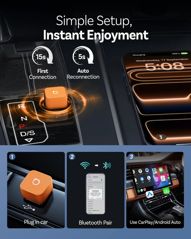 Alt view image 4 of 7 - OTTOCAST Mini Cube 3.0 Wireless CarPlay & Android Auto Adapter 2026 Plug & Play, Fast Auto-Reconnect (Orange)