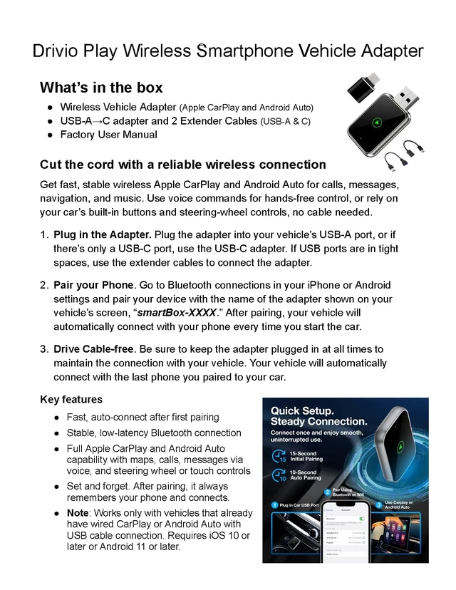 Alt view image 5 of 7 - Drivio Wireless CarPlay Adapter for iPhone & Android Auto USB C & A | USB CarPlay Wireless Adapter, 2026 Bluetooth Car Play Dongle Apple Play for Car Accessories
