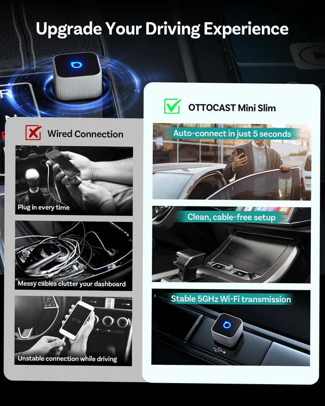 Alt view image 5 of 7 - OTTOCAST Mini Slim Wireless CarPlay & Android Auto Adapter Mini Cube 3.0 | USB-A/USB-C Dual Port, 5s Auto Connect, Plug & Play, Compact Design