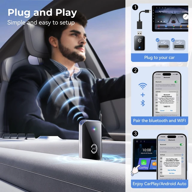 Alt view image 2 of 7 - Wireless Carplay Adapter for iPhone, Convert Wired Car Play to Wireless, 2 in 1 Plug and Play Mini CarPlay and Android Auto Adapter for iOS 10 Android 11 and Above, Cars with Built-in Carplay (Black)