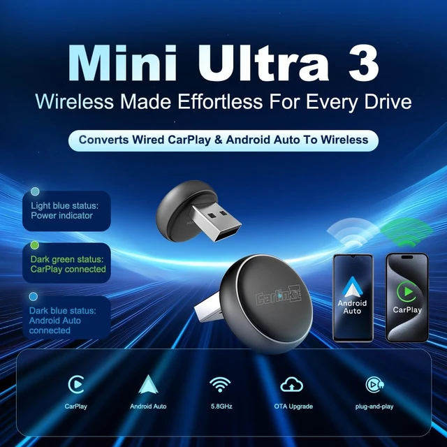 Alt view image 2 of 7 - Carlinkit Wireless CarPlay & Android Auto Adapter - Mini Ultra 3 Convert OEM Wired to Wireless Dongle for iPhone & Android 11+, USB-A/Type-C Plug & Play, Fast Connection, Online Upgrade
