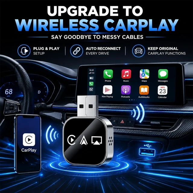 Alt view image 2 of 7 - Wireless Carplay Adapter for Apple Screen for iPhone and Car Play Bluetooth to Android Auto Inalámbrico Adaptador Box Accessories Mirroring USB Watch Movies Double Portable (Black)