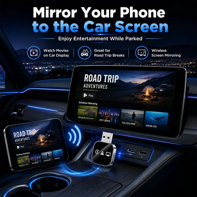 Alt view image 3 of 7 - Wireless Carplay Adapter for Apple Screen for iPhone and Car Play Bluetooth to Android Auto Inalámbrico Adaptador Box Accessories Mirroring USB Watch Movies Double Portable (Black)