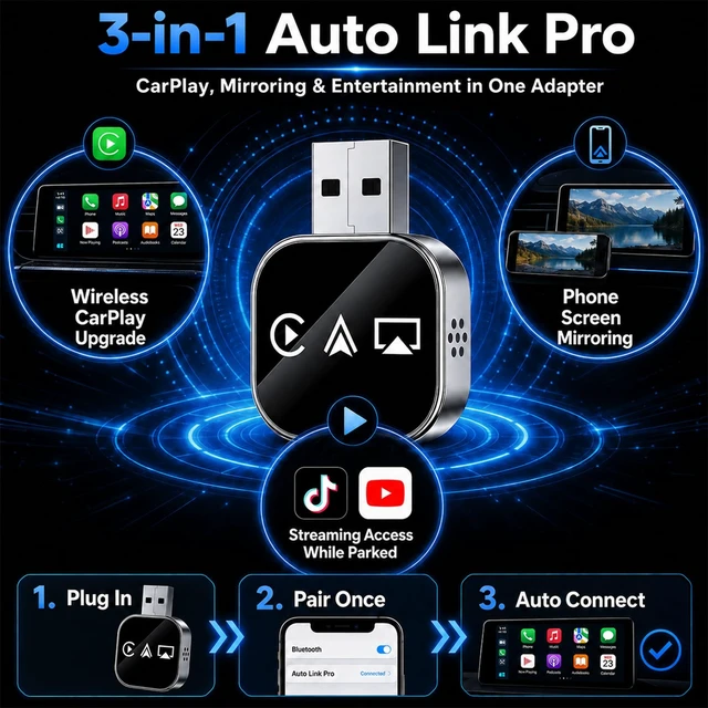 Alt view image 7 of 7 - Wireless Carplay Adapter for Apple Screen for iPhone and Car Play Bluetooth to Android Auto Inalámbrico Adaptador Box Accessories Mirroring USB Watch Movies Double Portable (Black)