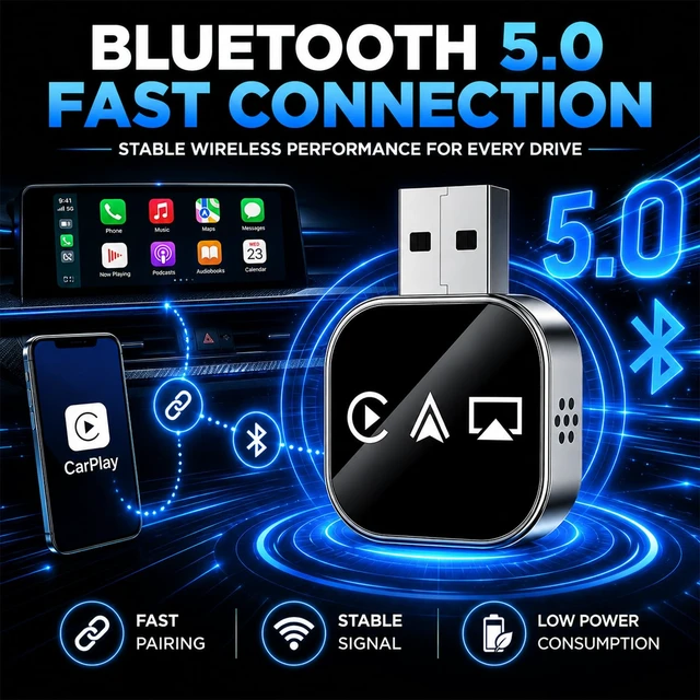 Alt view image 5 of 7 - Wireless Carplay Adapter for Apple Screen for iPhone and Car Play Bluetooth to Android Auto Inalámbrico Adaptador Box Accessories Mirroring USB Watch Movies Double Portable (Black)
