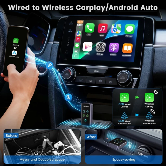 Alt view image 3 of 7 - 4 In1 Wireless CarPlay Adapter, Screen Mirroring Adapter for iPhone&Android | Wired to Wireless, Car Screen to Watch Videos, No Delay for iOS 10+ & Android 11+