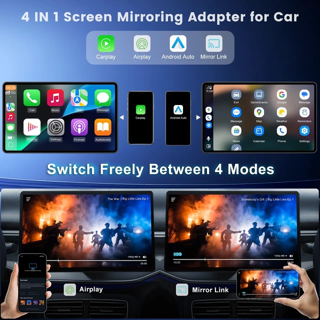 Alt view image 2 of 7 - 4 In1 Wireless CarPlay Adapter, Screen Mirroring Adapter for iPhone&Android | Wired to Wireless, Car Screen to Watch Videos, No Delay for iOS 10+ & Android 11+