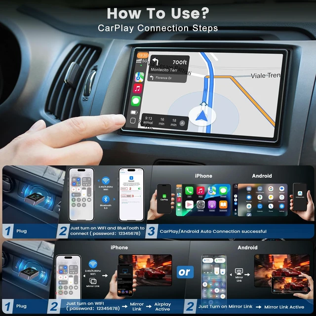 Alt view image 7 of 7 - 4 In1 Wireless CarPlay Adapter, Screen Mirroring Adapter for iPhone&Android | Wired to Wireless, Car Screen to Watch Videos, No Delay for iOS 10+ & Android 11+
