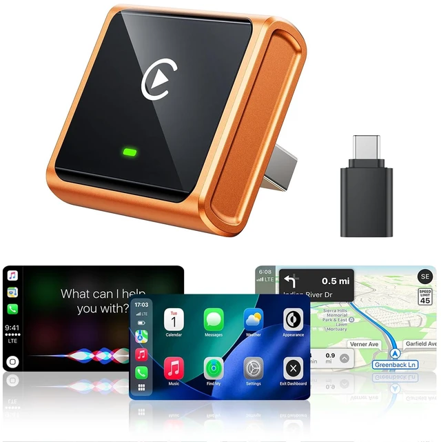 Main image of Mini Wireless CarPlay Adapter for iPhone Apple, USB-A/C Plug & Play, Orange | Converts Factory Wired CarPlay to Wireless for Apple, Fast Auto Connect, Low Latency, Compatible with iOS 10+ & 2015+ Cars
