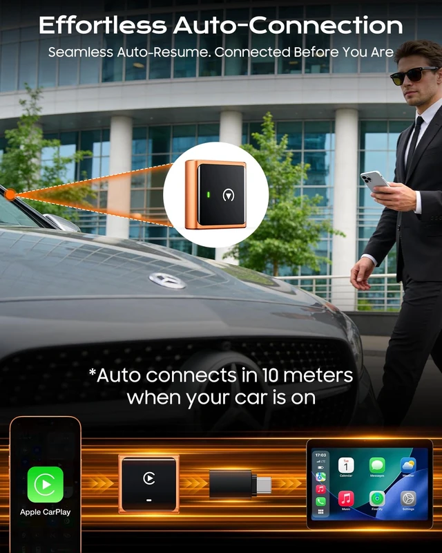 Alt view image 5 of 6 - Mini Wireless CarPlay Adapter for iPhone Apple, USB-A/C Plug & Play, Orange | Converts Factory Wired CarPlay to Wireless for Apple, Fast Auto Connect, Low Latency, Compatible with iOS 10+ & 2015+ Cars
