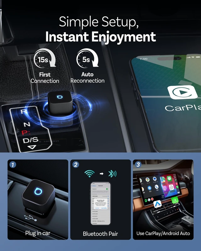 Alt view image 5 of 7 - Ottocast Mini Cube 3.0 Wireless CarPlay & Android Auto Adapter 2026 Plug & Play, Fast Auto-Reconnect (Black)