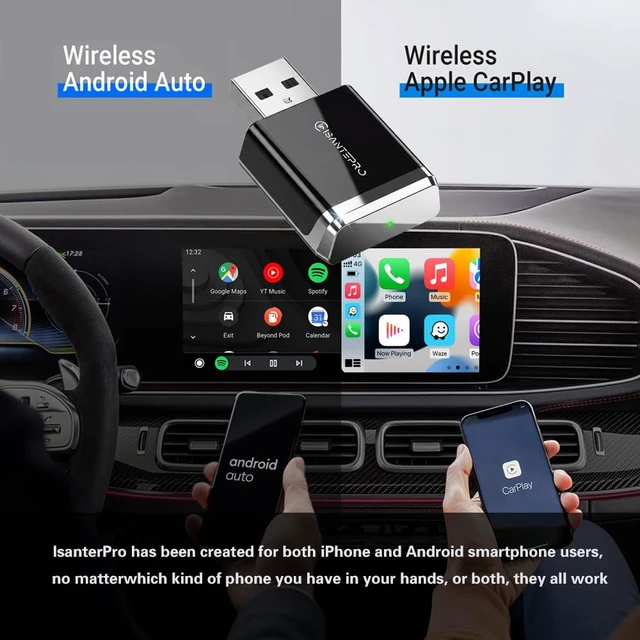Alt view image 2 of 7 - Isantepro 2-in-1 Wireless CarPlay Adapter & Android Auto for Apple iPhone, 2026 Upgrade Mini Bluetooth Dongle Convert Wired to Wireless, Plug & Play, USB A & Type C for 2016+ Cars, iOS 10+,Android 11+