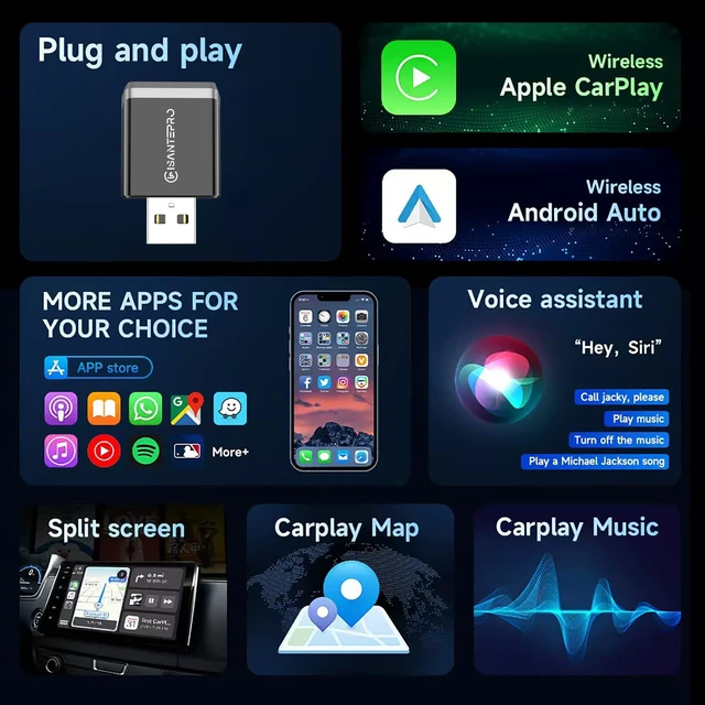 Alt view image 5 of 7 - Isantepro 2-in-1 Wireless CarPlay Adapter & Android Auto for Apple iPhone, 2026 Upgrade Mini Bluetooth Dongle Convert Wired to Wireless, Plug & Play, USB A & Type C for 2016+ Cars, iOS 10+,Android 11+