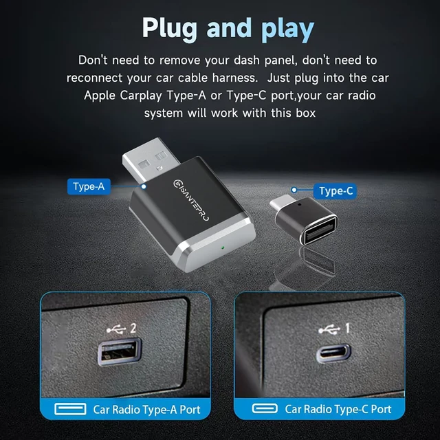 Alt view image 6 of 7 - Isantepro 2-in-1 Wireless CarPlay Adapter & Android Auto for Apple iPhone, 2026 Upgrade Mini Bluetooth Dongle Convert Wired to Wireless, Plug & Play, USB A & Type C for 2016+ Cars, iOS 10+,Android 11+