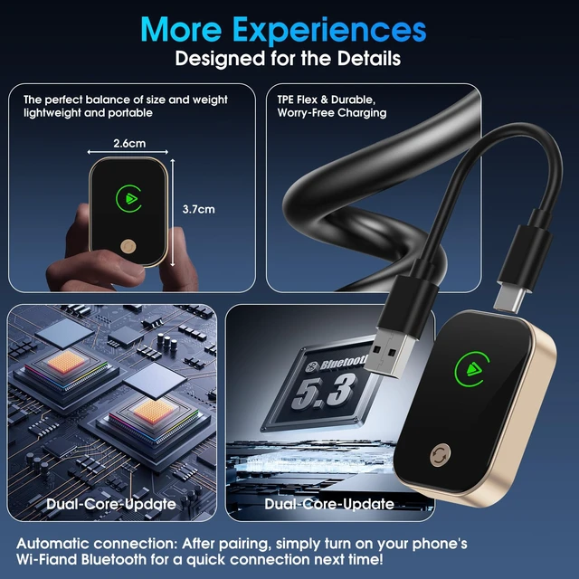 Alt view image 4 of 7 - PABXTATU 2026 Wireless Carplay Adapter for iPhone,Convert Wired to Wireless with One Click Multi Device Switch,Auto-Connect,No Delay for Cars 2018+ with Built-in Carplay (with Buttons)