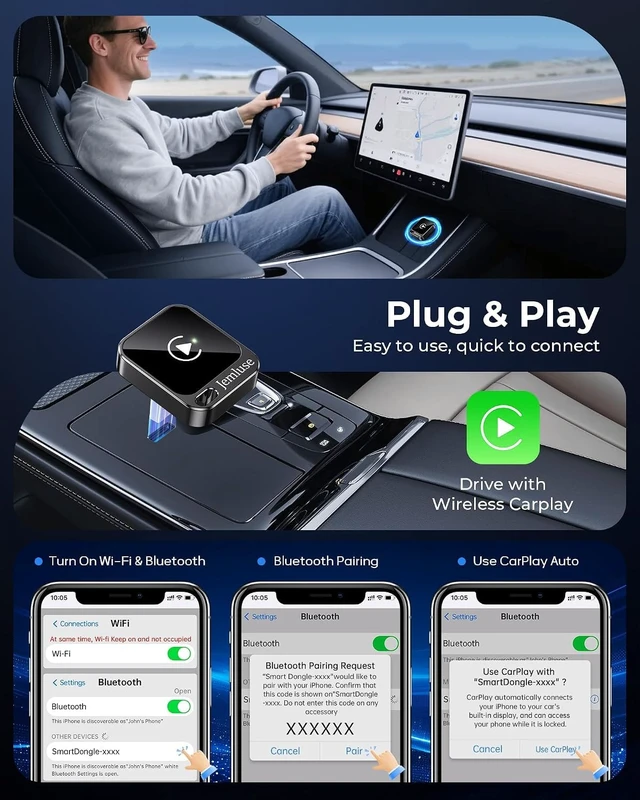 Alt view image 4 of 7 - Jemluse Wireless CarPlay Adapter for Apple, Mini Car Play Dongle for iPhone iOS 10+, Plug & Play for Cars from 2016+ w/USB-C, Works with CarPlay-Enabled Marine Stereo Receivers & Head Units