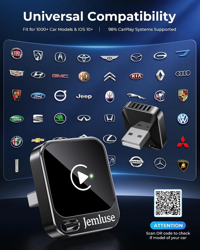 Alt view image 7 of 7 - Jemluse Wireless CarPlay Adapter for Apple, Mini Car Play Dongle for iPhone iOS 10+, Plug & Play for Cars from 2016+ w/USB-C, Works with CarPlay-Enabled Marine Stereo Receivers & Head Units