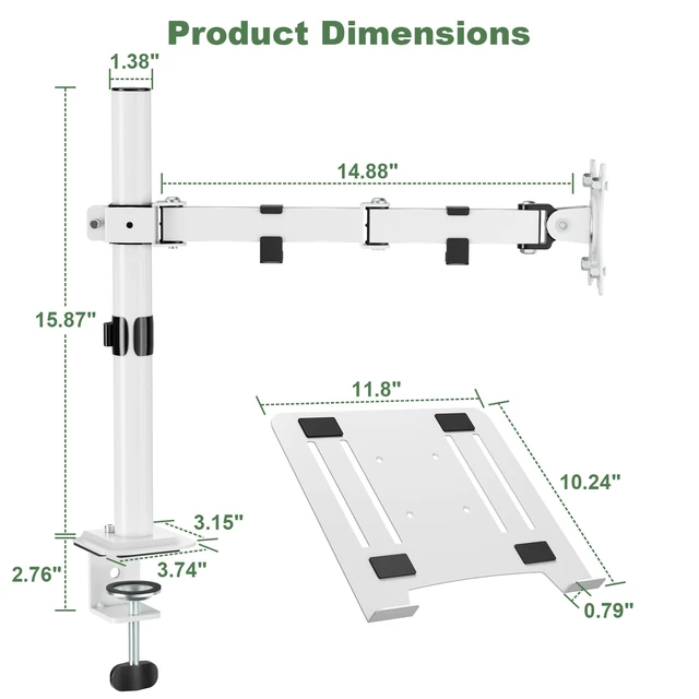 Alt view image 3 of 7 - UPGRAVITY White Laptop Desk Mount with Vented Tray for Notebook up to 17 inch, Fully Adjustable Single Laptop Arm Stand Holds up to 17.6 lbs, Clamp on/Grommet Mounting