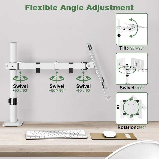 Alt view image 4 of 7 - UPGRAVITY White Laptop Desk Mount with Vented Tray for Notebook up to 17 inch, Fully Adjustable Single Laptop Arm Stand Holds up to 17.6 lbs, Clamp on/Grommet Mounting