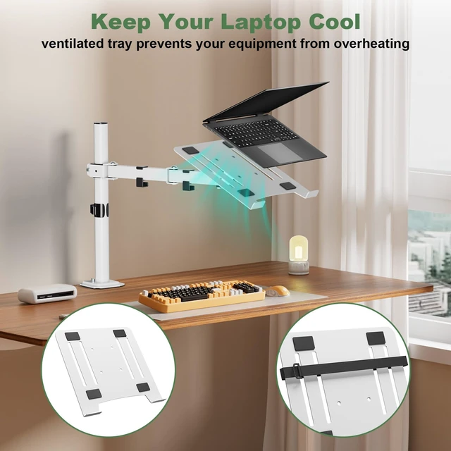 Alt view image 6 of 7 - UPGRAVITY White Laptop Desk Mount with Vented Tray for Notebook up to 17 inch, Fully Adjustable Single Laptop Arm Stand Holds up to 17.6 lbs, Clamp on/Grommet Mounting