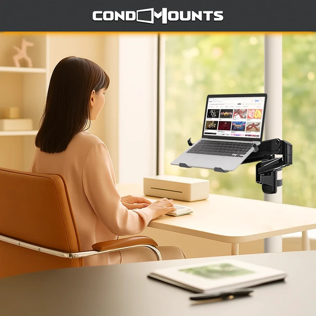 Alt view image 3 of 7 - CondoMounts CLMLTP1016 Ergonomic Laptop Mount for Poles | Fits Devices Up to 19" | 360° Rotation | Anti-Slip Tray | Tool-Free Strap Mounting | Outdoor, Industrial & Mobile Workstations
