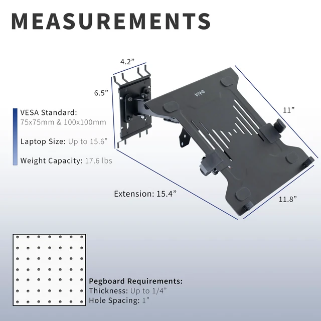 Alt view image 3 of 7 - VIVO Black Pegboard Compatible 10-15.6 in Laptop Mount Holder, MOUNT-PB2L | Adjustable Notebook Tray, Fits Peg Boards up to 0.25 in Thick with 1 in Hole Spacing, Holds 17.6 lbs