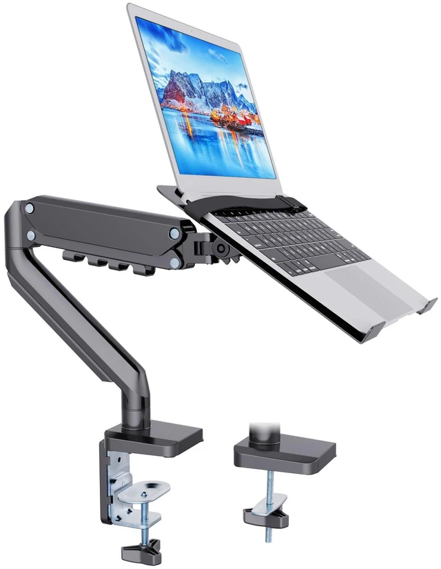 Main image of 2-in-1 Gas Spring Laptop Desk Mount for 12"-17" Notebook/13"-32" Monitor | Full Motion Adjustable Laptop Desk Stand with Tray, Holds 3.3-17.6lbs, VESA 75/100MM, Clamp-on and Grommet Base