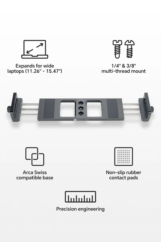 Alt view image 2 of 7 - CH-01 Laptop Tripod Mount, Adjustable Laptop Holder with Arca Swiss Plate | 1/4" & 3/8" Screw Holes, Anti-Slip Rubber Pad, Fits 11.26" to 15.47" Wide Laptops for Recording, Streaming & Studio Use