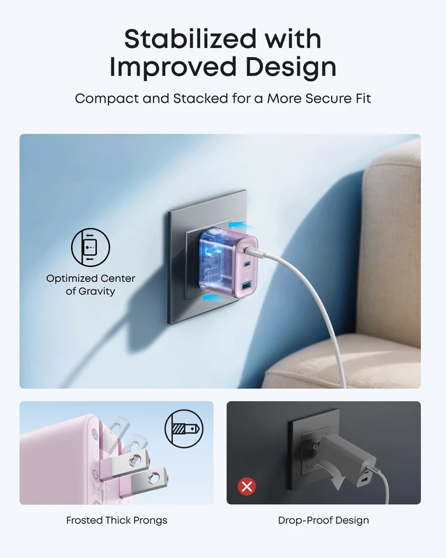 Alt view image 6 of 6 - Anker Nano 70W Max 3-Port Fast Charger USB C, Type C Charger Fast Charging | Compact and Stylish USB C Charger Block,for iPhone 18 Pro/17/17 Pro Max/16 Series, MacBook Pro, iPad(Pink, Cable Included)