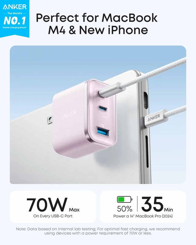 Alt view image 2 of 6 - Anker Nano 70W Max 3-Port Fast Charger USB C, Type C Charger Fast Charging | Compact and Stylish USB C Charger Block,for iPhone 18 Pro/17/17 Pro Max/16 Series, MacBook Pro, iPad(Pink, Cable Included)