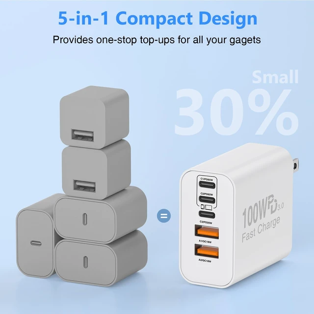 Alt view image 5 of 7 - QZIIW 100W USB C Wall Fast Charger Block,5-Port Type C Fast Charging Block | 3 Pack-PD Power Charger Adapter QC 3.0 USB Multiport Charger Brick For iPhone 17 16 18 Pro, Samsung series MacBook