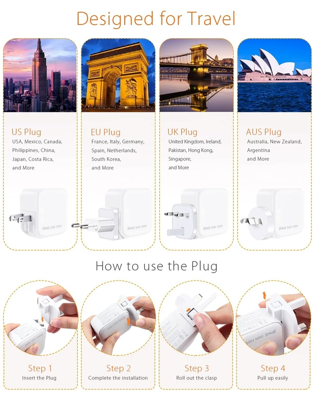 Alt view image 5 of 7 - 3inuS 100W GaN USB C Charger Block, 4-Port Portable Fast Wall Charger with Foldable Plug & Travel Adapters, Fast Charging Station for iPhone 18/17/16 Pro/Pro Max, MacBook, ipad, Samsung, Laptop
