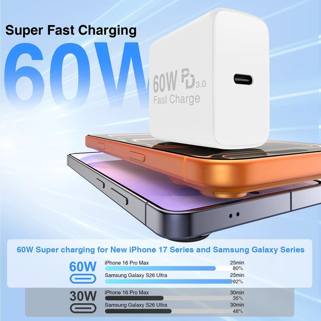 Alt view image 2 of 7 - QZIIW 60W Super Fast Charger Type C for iPhone 15 16 17 18 Pro Max Samsung | 3Pack Extra Long 60W 3/6/10FT USB C Cable - PD Quick Charging 3.0 for iPhone 18 Pro iPhone 17 16 15