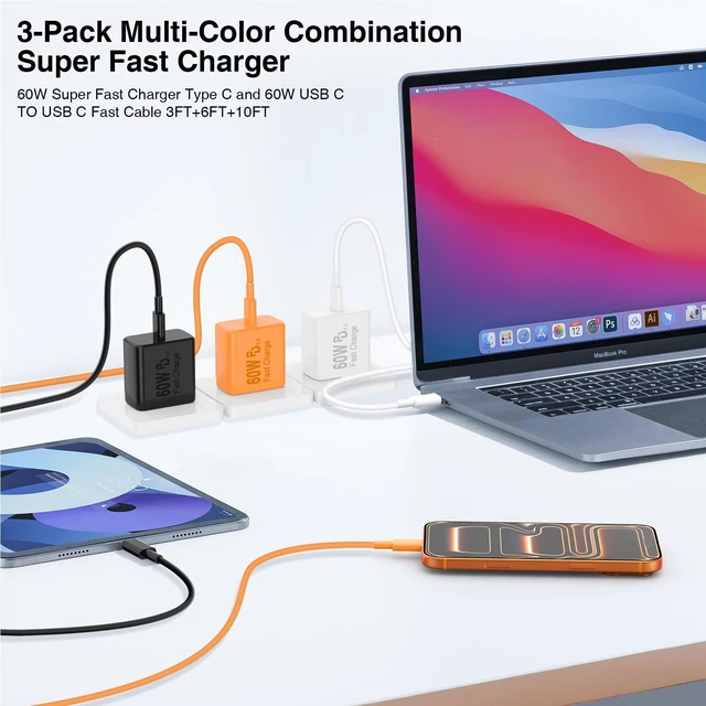 Alt view image 3 of 7 - QZIIW 60W Super Fast Charger Type C for iPhone 15 16 17 18 Pro Max Samsung | 3Pack Extra Long 60W 3/6/10FT USB C Cable - PD Quick Charging 3.0 for iPhone 18 Pro iPhone 17 16 15