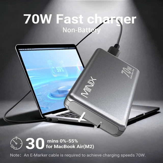 Alt view image 2 of 7 - MINIX 70W Flat USB C Wall Charger, Slim Foldable Dual Type C GaN Plug | Fast Charging Block for iPhone 17 16 15 Pro Max, MacBook Air, iPad Pro, Galaxy S25 S24, Pixel 10, Steam Deck