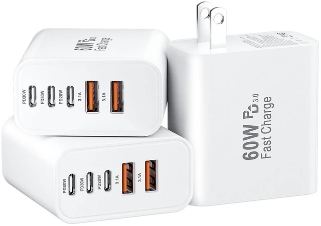 Main image of USB C Charger Block Fast Charging, 60W Phone Charger USBC Wall Plug Adapter 3Pack 5-Port Type C Charger Fast Charging Cubes Multiport Power Brick for Phone 17/16/15/14/13/12/11/i-Pad Pro/S25/S24-White