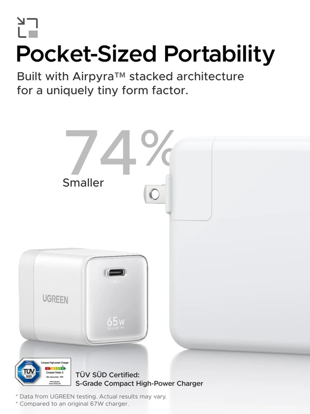 Alt view image 2 of 7 - UGREEN Nexode Air 65W USB C GaN Charger Block with 3.3ft Cable, White | AVS Fast Charging for iPhone 18 Pro Max, Mini Size (1.22 × 1.30 × 1.59 in), for MacBook, iPhone 18/17, Galaxy S26/S25, Pixel