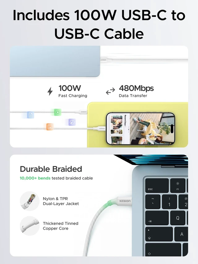 Alt view image 5 of 7 - UGREEN Nexode Air 65W USB C GaN Charger Block with 3.3ft Cable, White | AVS Fast Charging for iPhone 18 Pro Max, Mini Size (1.22 × 1.30 × 1.59 in), for MacBook, iPhone 18/17, Galaxy S26/S25, Pixel