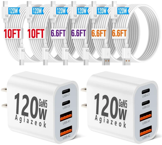 Main image of 2PACK 120W USB C Fast Charging Block, 45W GaN5 Fast Charger USB C with Extra Long 10A 10/6.6FT USB C Cable Fast Charger, 4Ports Type C Wall Charger for iPhone 17/16/15/14 Pro Max, Galaxy, Mac Air iPad