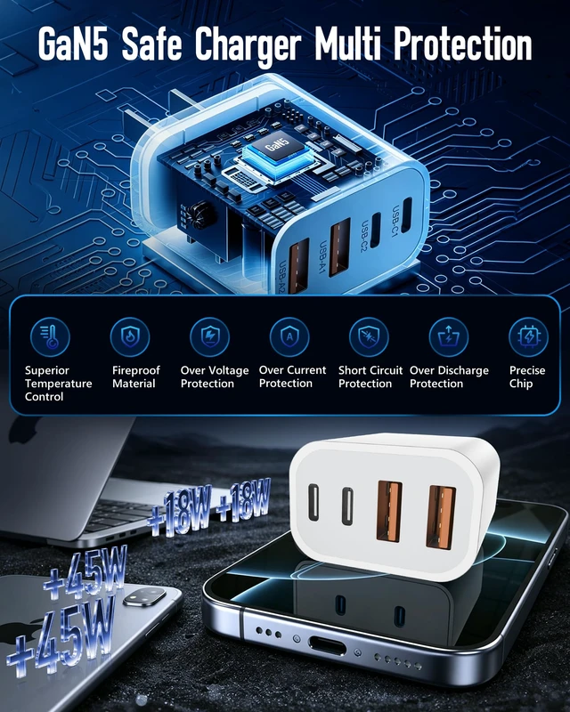 Alt view image 4 of 6 - 2PACK 120W USB C Fast Charging Block, 45W GaN5 Fast Charger USB C with Extra Long 10A 10/6.6FT USB C Cable Fast Charger, 4Ports Type C Wall Charger for iPhone 17/16/15/14 Pro Max, Galaxy, Mac Air iPad
