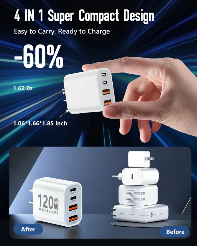 Alt view image 5 of 6 - 2PACK 120W USB C Fast Charging Block, 45W GaN5 Fast Charger USB C with Extra Long 10A 10/6.6FT USB C Cable Fast Charger, 4Ports Type C Wall Charger for iPhone 17/16/15/14 Pro Max, Galaxy, Mac Air iPad