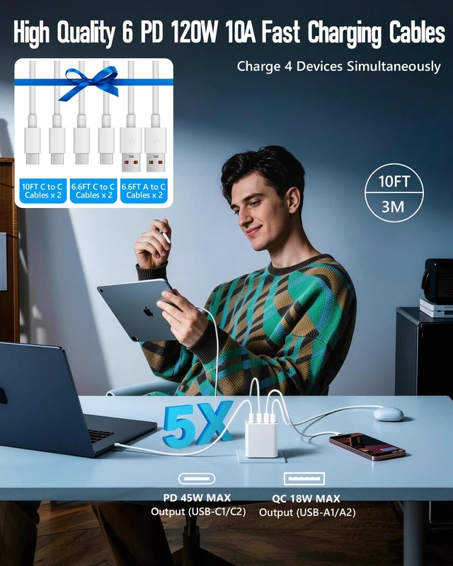 Alt view image 3 of 6 - 2PACK 120W USB C Fast Charging Block, 45W GaN5 Fast Charger USB C with Extra Long 10A 10/6.6FT USB C Cable Fast Charger, 4Ports Type C Wall Charger for iPhone 17/16/15/14 Pro Max, Galaxy, Mac Air iPad